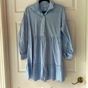 Light blue gingham cotton dress, ruffle detail, long sleeves, has pockets